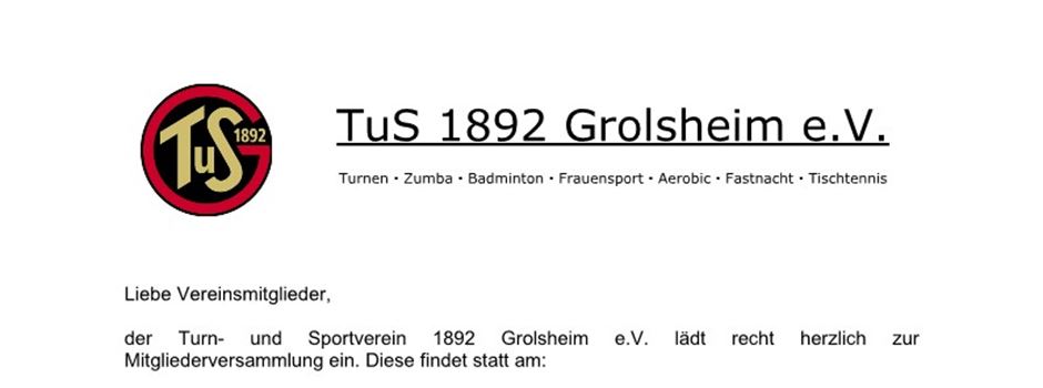 Einladung zur TuS 1892 Grolsheim e.V. Mitgliederversammlung